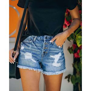 Mid Rise 2021 Women's Shorts Street Trendy Loose Straight Shaped Slimming Button Washed Jeans