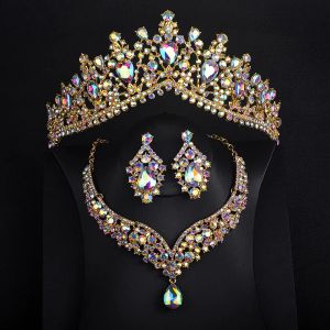 Kolyeler Barok Kristal Su Damlası Düğün Taç Gelin Takı Setleri Rhinestone Küpe Küpeleri Gelin Dubai Takı Setleri Tiaras