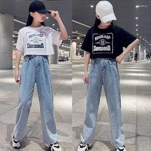 Clothing Sets Junior Girls Summer Suit Clothes Children's Printed Letters Short Top Denim Wide Leg Pants 2 Piece Set 3-15Y