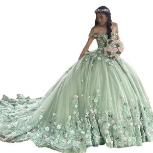 Sage Princess Quinceanera Dress 2024 Off Shoulder 3D Flowers Lace Applique Tulle Prom Birthday Gown Luxury Vestidos de 15 Sweet 16