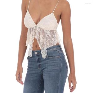 Frauen Tanks Puloru Sommer Chic White Lace Floral Camisol ärmellose V-Ausschnitt Rüschen Saum Schlupfwesten Mode Rückenlose unregelmäßige Tops