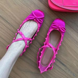 Casual Shoes Rose Red Rivet Bowknot Flat Cross Buckle Ballet Woman Summer 2024 Nude Pink Round Toe Satin Fashion Luxury