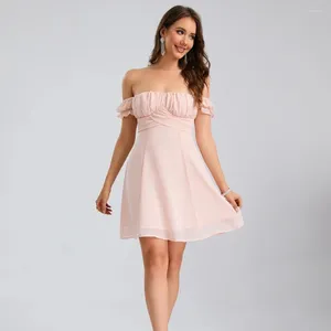 Party Dresses Boat Neck Prom Gown Pink A-Line Off The Shoulder Mini Cocktail Dress Simple Pleat Backless Short Chiffon Summer