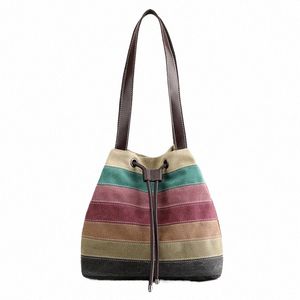 Kvky Colorful Stripes Canvas Women's Bage Beauty Small Bucketショルダーバッグ