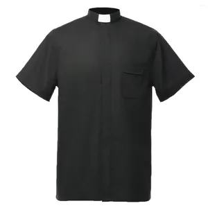 Men's Dress Shirts Black Priest Shirt Catholic Church Adult Clergy Pastor Tops Tab Collar Choir Blouse