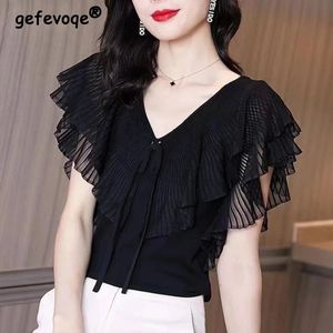 Ruffle Elegant Chic Sweet Lace Up Black White Ice Silk Knitwear Women Korean Fashion V-Neck Slim Bluses Tops Clothing 240419