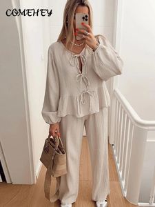 Eleganta skjortor byxor uppsättningar för kvinnor 2 stycken solid långärmhet Oneck Lace Up Shirt Loose Trousers Set 2024 Spring Casual Outfit 240407