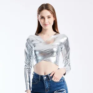 Women's Blouses Women Long Sleeve Top Sleek Faux Leather V Neck Blouse For Performance Dance Club With Sleeves Slim Fit