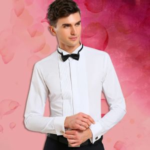 Gömlekler kanat ucu yaka smokin gömlek uzun kollu erkekler fransız manşet düğmesi gelinlik gömlekleri kanat uçağı beyaz siyah pleat ile bowtie