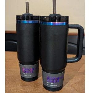 Tumbler de caneca croma preto de 40 onças com maçaneta de copos isolados Tampas de palha de aço inoxidável Termos de café xícara de copo