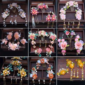 Sets Vintage Hair Stick Ohrring Chinesische Schmucksets für Frauen Blumener Quasten Perlen Haare Haarnadelfee Tiaras Hochzeitszubehör