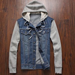 Mens Fall and Winter Jacket Slim Fake Two Pieces Denim Jacket Huvjacka 240420