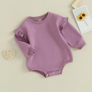 Rompers söt ruffle långärmad romper för födda baby flickor kläder besättning nacke solid färg bodysuit höst vinter spädbarn jumpsuit