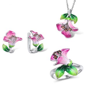 Collane 2023 Trendy 925 Orecchini in argento sterling Anelli Collane per donne Pink Flower Enamel Set di gioielli Lady Anniversary Regali