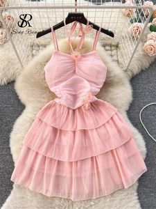 Casual Dresses Singreiny Halter Lace Up Sweet Cake Dress Fashion Strap Sleeveless 3D Flowers Design Women Evening Party Slim Ruffles Sexy
