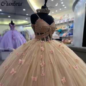 Rose Gold Illusion Beading Crystal Quinceanera Dresses Ball Gown 3D Butterfly Pleat Corset Vestidos DE 15 ANOS