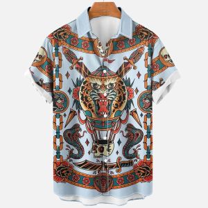 Shirts Summer Men's Hawaiian Short Sleeve Shirts Big Size Retro Animal Lapel Dragon Loose Printed Dazn Vintage Gothic Social Clothes