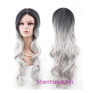 Designer human wigs hair for women Wig womens long curly black gradient grandmother gray split hairstyle