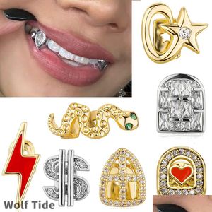 Grillz, Dental Grills 18K Gold Single Grillz Braces Hip Hop Iced Cubic Zirconia Pentagram Teeth Mouth Fang Tooth Cap Halloween Party Dh2Xs