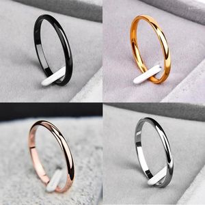 With Side Stones 2mm Men Women Thin Titanium Steel Ring Rose Gold Black Silver Color Engagement Smooth Simple Wedding Rings For Couple