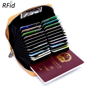 Innehavare stor kapacitet mode kvinnor rfid skydd kreditkortshållare äkta läder 24 kort fodral pasport täckmynt pocket plånbok
