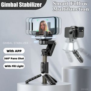Gimbals 2023 Yeni Bluetooth Kablosuz Gimbal Stabilizatör Selfie Stick 360 Derece Akıllı Yüz Takibi Dolgu Işığı ile Canlı Kayıt