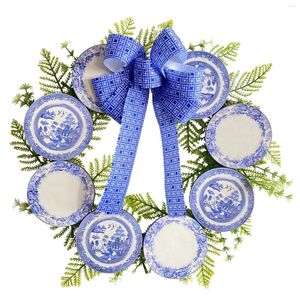 Decorative Flowers Wooden Plaque Blue And White Porcelain Wreath Outdoor Courtyard Party Decorations Welcome Sign Front Door Garland