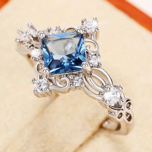 Band Huitan Unique Princess Cut Blue Cubic Zirconia Rings Silver Color Luxury Trendy Accessoarer for Women Wedding Engagement Smycken