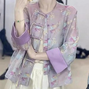 Ternos femininos Imprimir top 2024 estilo chinês Purple Youth Edition Short Stand Collar Button Coat Spring Autumn Elegant