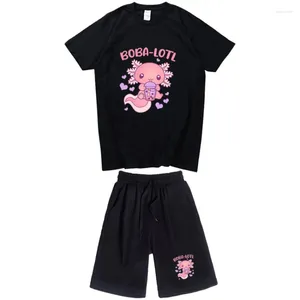 Erkekler Trailsits Milk Axolotl Boba Erkekler Harajuku Estetik Grafik UNISEX Komik Gündelik Tshirt Kısa Kollu Takım