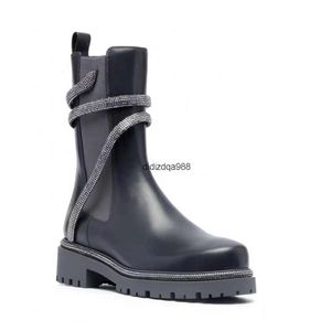 Strassschlange Wickel klobig halb Kofferraum Strass Snake Motorrad Schwarz Leder Frauen Low Heel Martin Boots schwere Luxusdesigner -Marke Frauen Modestiefel