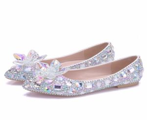 Nya vackra AB Crystal Women Flats Rhinestone Pointed Toe Flat Elegant Wedding Shoes Lämpliga plus storlek Brud Flats1644282