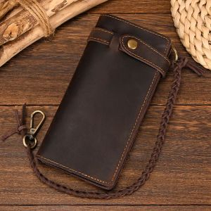 Wallets Vintage Hasp Open Genuine Cow Leather Men Wallet Large Capacity Crazy Horse Real Leather Man Bifold Purse Clutch Wallet chain