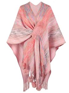 무지개 줄무늬 판초 니트 술 목도리 코트 여성 가을 ​​겨울 케이프 카디건 패션 배트 윙 슬리브 240419