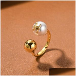 Ringas de banda 18K Gold Gold Simples Bad Open Designer Ring For Women Brand Luxury Pearl Ball Chinese Finger Moissanite Noivado Love Anilos Othgj