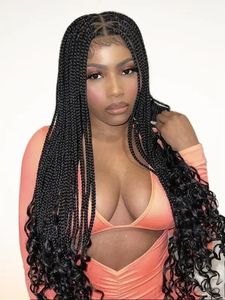 FANCIVIVI Triangle Medium Knotless Braids with Curls Over Hip-Length 36" Full Hand Tied Lace Box Braided Wig