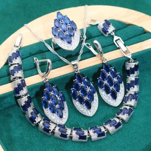 Strands misteriosi blu zircone 925 set di gioielli per matrimoni argento per orecchini da donna in bracciale collana ad anello a sospensione regalo per le vacanze