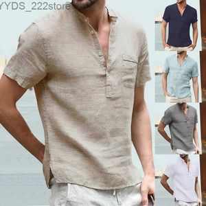 Camisas casuais masculinas 2023 Novo linho de linho em vasagem em vesa de decote de alta qualidade de alta qualidade de cor sólida com mangas compridas linho de linho de algodão top s-5xl yq240422