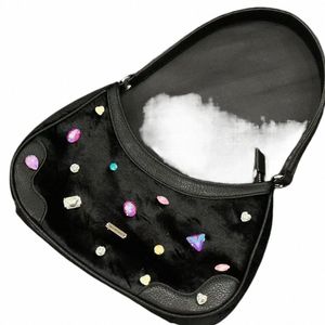 miyagawa Colorful Diamd Black Veet Leather Underarm Bag Korean Niche Single Shoulder Bags 2024 New Spicy Girl Handbag m4ca#