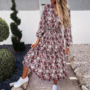 Повседневные платья с цветочным принтом Boho Женщины с длинным рукавом v Neck Elastic Taist