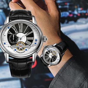Watches Forsining Oval Dial Men Automatic Mechanical Wristwatch Waterproof Casual Military Watch Skeleton Design Silver Black Belt Clock