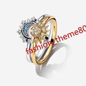 Neuer Originalhersteller Ring S925 Sterling Silber Celestial Blue Blitzer Sonnen- und Mondring Set Fine Schmuck mit