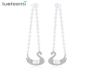 Luoteemi Trendy Dualuse Swan Dangle Earrings With CZ Stone and Imitation Pearl Pärled Drop Earring for Women Valentine Gift1692718