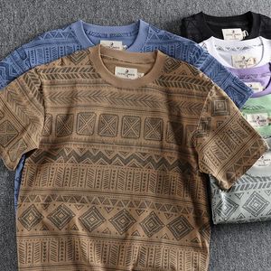 Sommer American Retro Kurzärmel Oneck Geometrisch gedruckt T -Shirt Herren Mode 100 Baumwolle gewaschene alte lockere Freizeittippen 240417