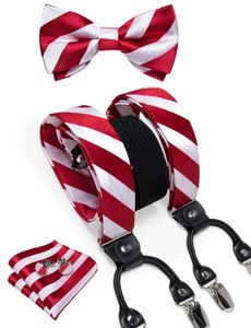 Klasik Chriatmas Striped Askı Elastik Ayarlanabilir Diş Pantolon Kot y Arka Hatırlatıcılar Bowtie Cep Meydanı Set Metal Klip 240418