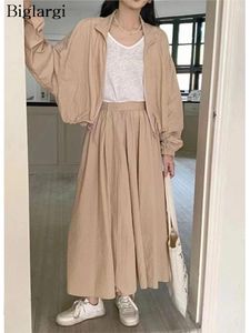 Work Dresses Spring 2 Two Piece Set Women Casual Fashion Loose Ladies Cropped Coats ELastic Waist Korean Ruffle Pleated Woman Long Skirts