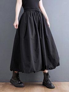 Skirts Black Vintage High Waist Pleated Skirt Women Fashion Plus Size Drawstring Loose Casual Long Clothing Spring Autumn 2024