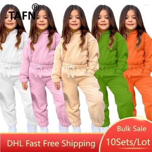 Kläder sätter 10Set Bulk grossistflickor Autumn Winter Solid Fleece Hoodie Drawstring Pants Two Piece Set Kids Tracksuit M405