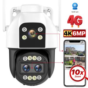 Telecamere 4K HD 4G WiFi IP Camera 10x Zoom Tre lente a doppio schermo SIM di monitoraggio automatico esterno fotocamera IR Night Vision Surveillance