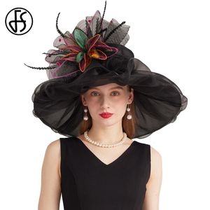 Fs breda randen organza cap kvinnliga hattar för kvinnor med mesh fjäderblomma milliner bröllop brud klänning fedora 240401